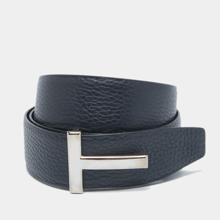 Pre Owned Tom Ford Black/Navy Blue Leather T Icon Reversible Belt 110 CM