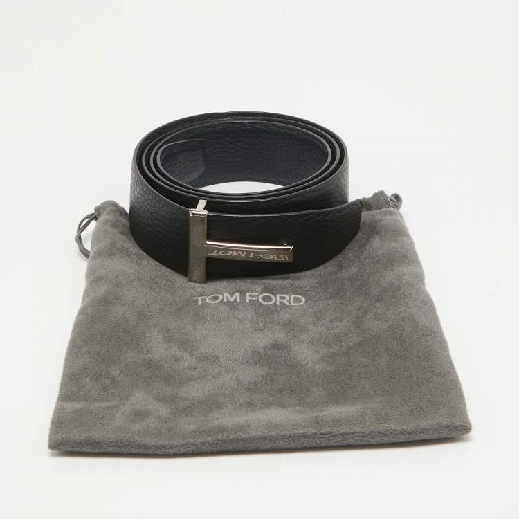 Pre Owned Tom Ford Black/Navy Blue Leather T Icon Reversible Belt 110 CM