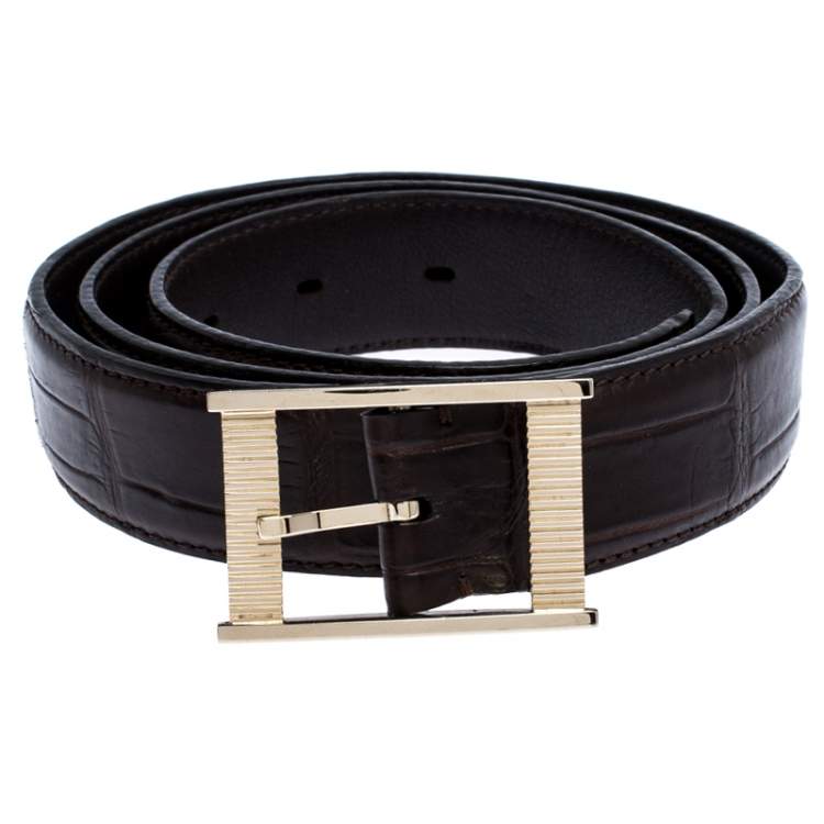 Pre Owned Tom Ford Dark Brown Croc Embossed Leather Buckle Belt 90CM