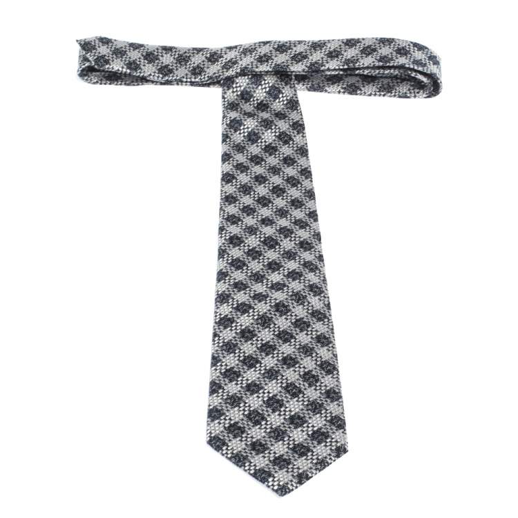 Pre Owned Tom Ford Dark Blue & White Textured Check Silk Tie