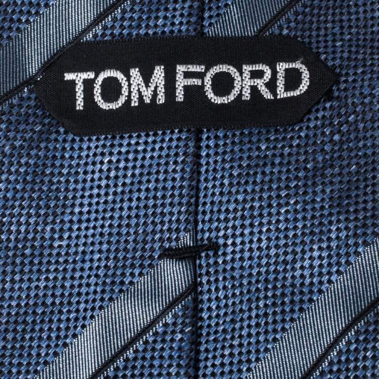 Pre Owned Tom Ford Blue Mini Check & Stripe Silk Blend Tie