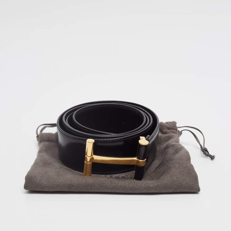 Pre Owned Tom Ford Black Leather Logo Buckle Belt 105 CM