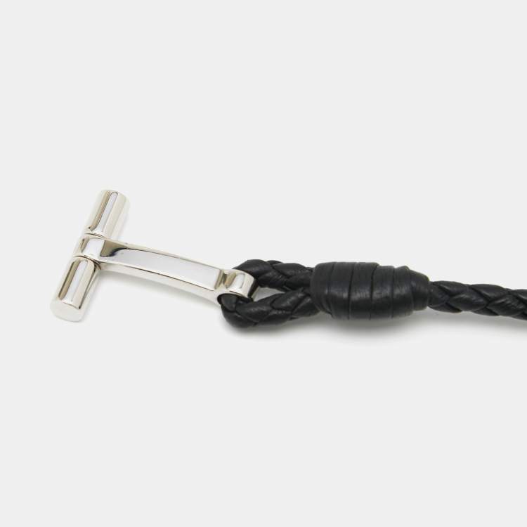 Pre Owned Tom Ford Black Woven Leather Silver Tone Wrap Bracelet
