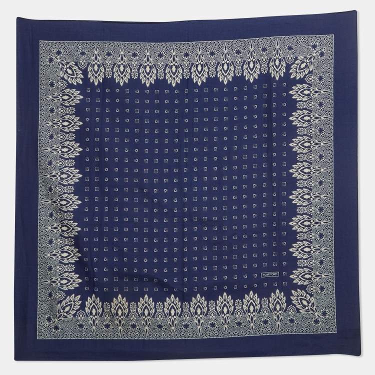 Pre Owned Tom Ford Blue Printed Cotton Blend Bandana Scarf
