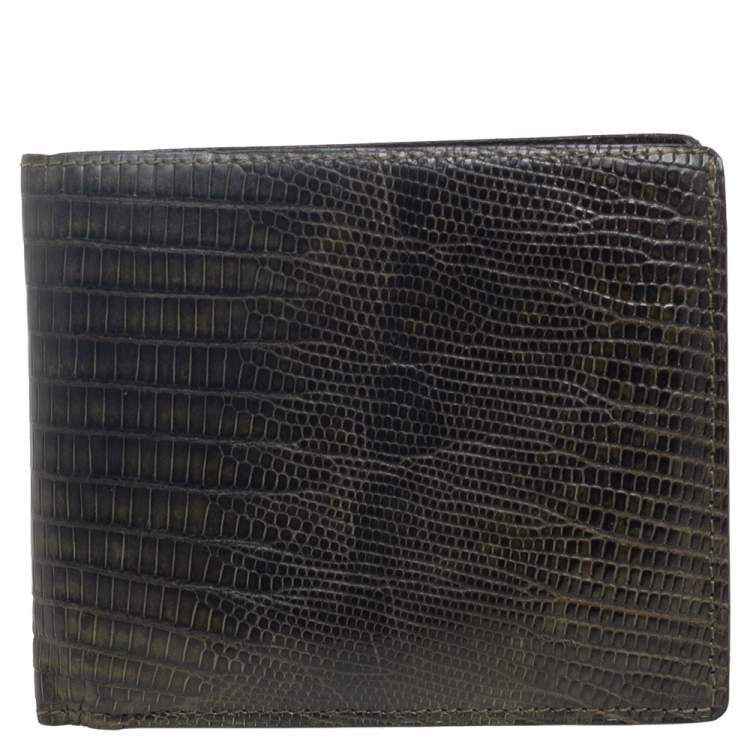 Pre Owned Tom Ford Black/Green Lizard Embossed Leather Bifold Wallet