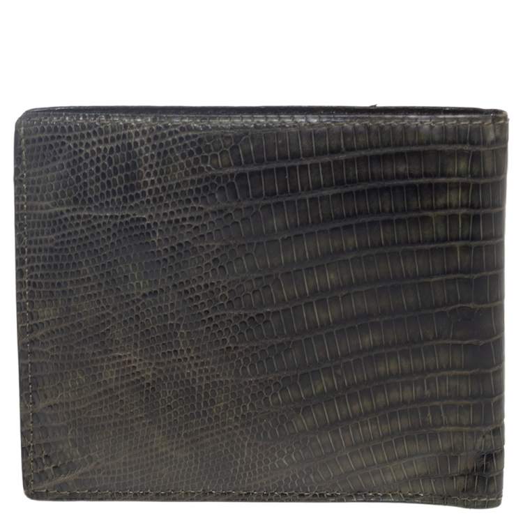 Pre Owned Tom Ford Black/Green Lizard Embossed Leather Bifold Wallet