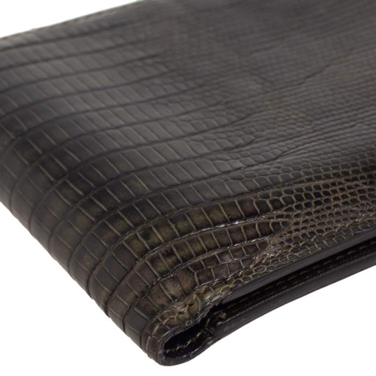Pre Owned Tom Ford Black/Green Lizard Embossed Leather Bifold Wallet