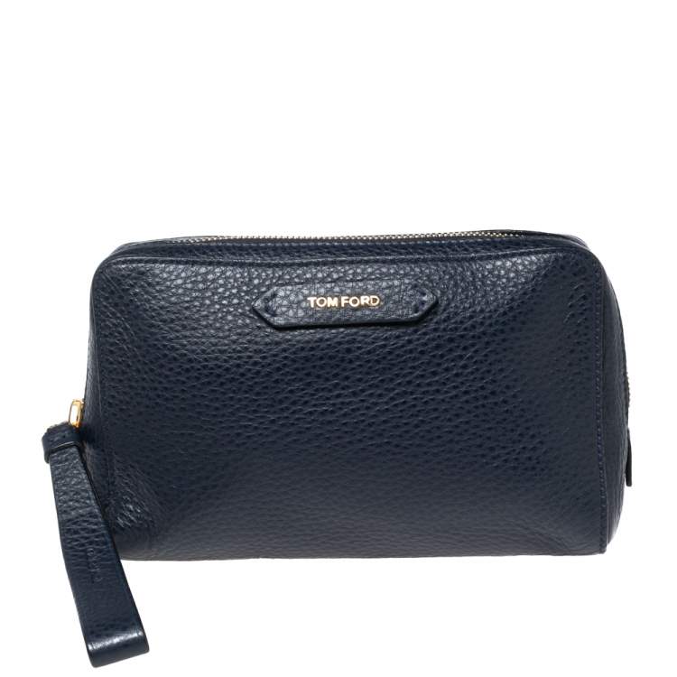 Pre Owned Tom Ford Navy Blue Leather Zip Around Wristlet Pouch