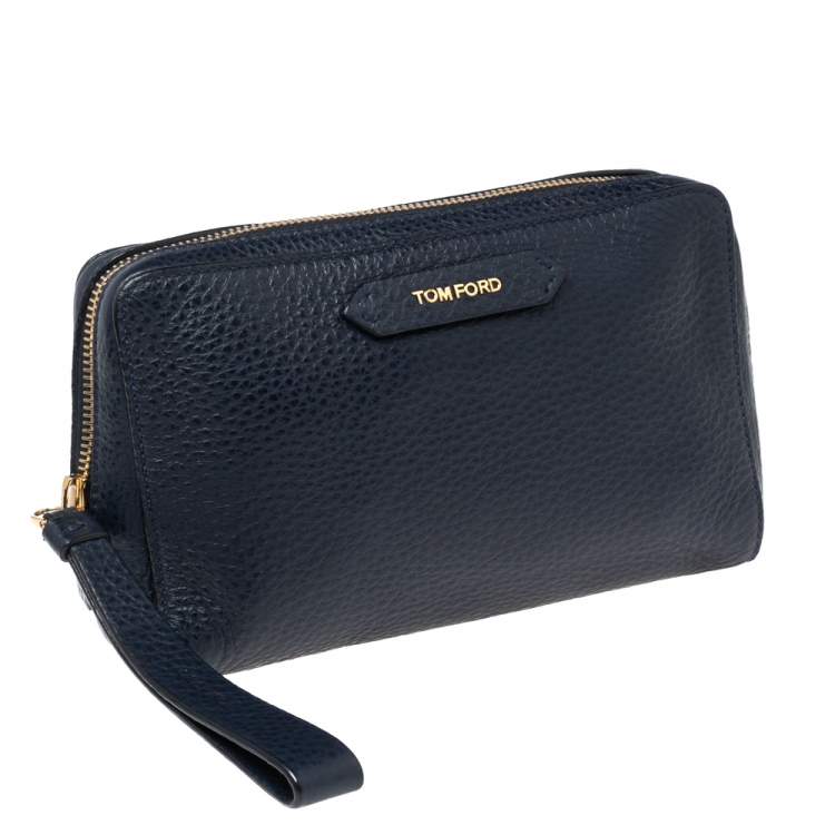 Pre Owned Tom Ford Navy Blue Leather Zip Around Wristlet Pouch