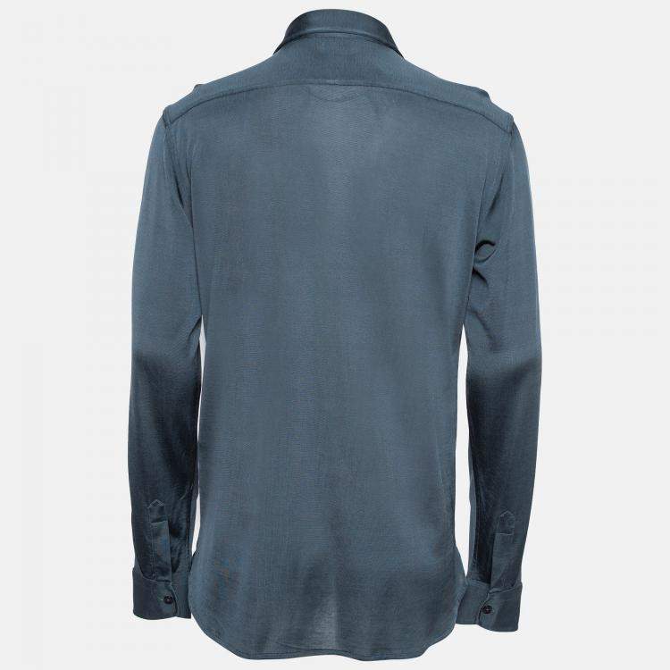 Pre Owned Tom Ford Blue Stretch Knit Button Front Shirt XL