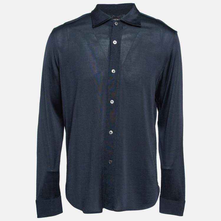 Pre Owned Tom Ford Navy Blue Stretch Knit Button Front Shirt XL