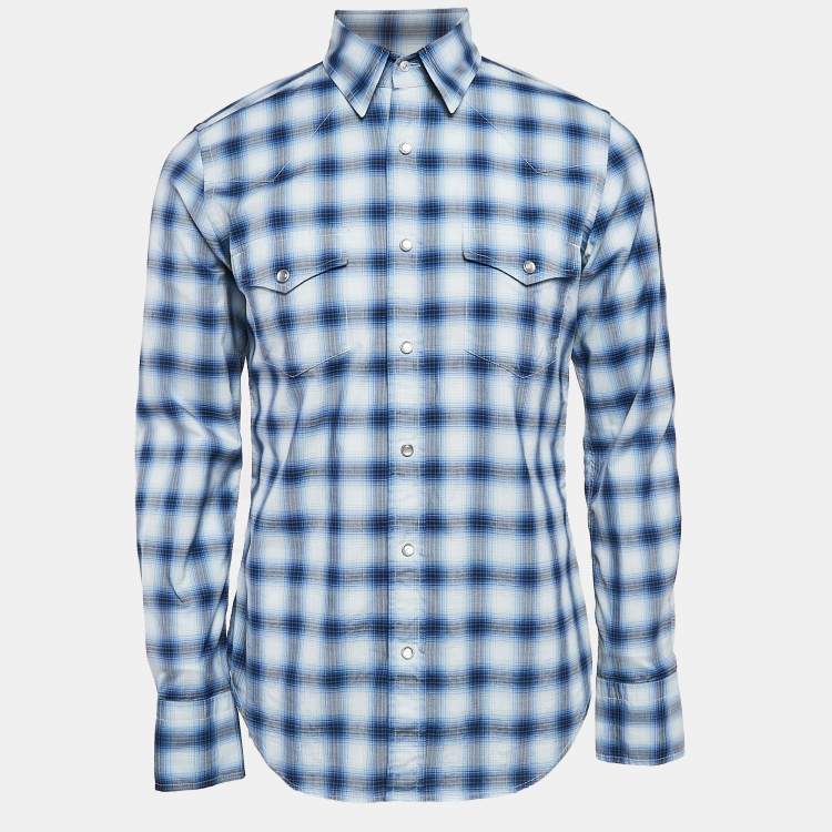 Pre Owned Tom Ford Blue Plaid Cotton Button Front Shirt M