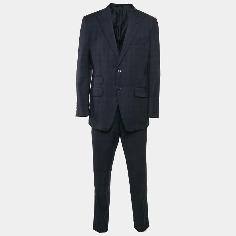 Pre Owned Tom Ford Navy Blue Wool Plaid Pants Suit XL