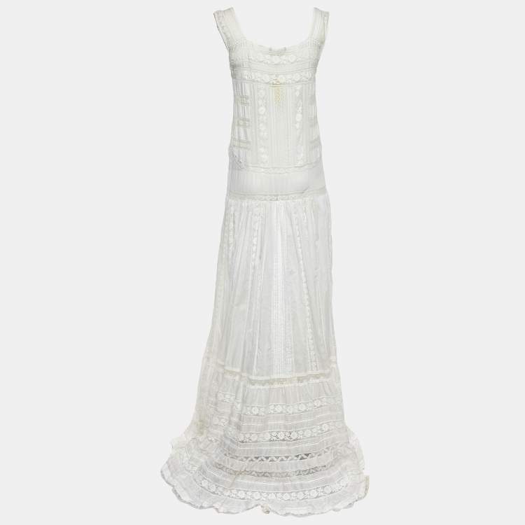 Pre Owned Roberto Cavalli White Cotton & Lace Sleeveless Maxi Dress S