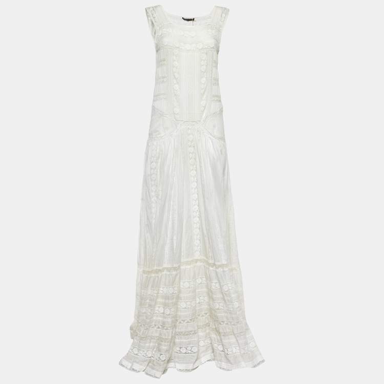 Pre Owned Roberto Cavalli White Cotton & Lace Sleeveless Maxi Dress S