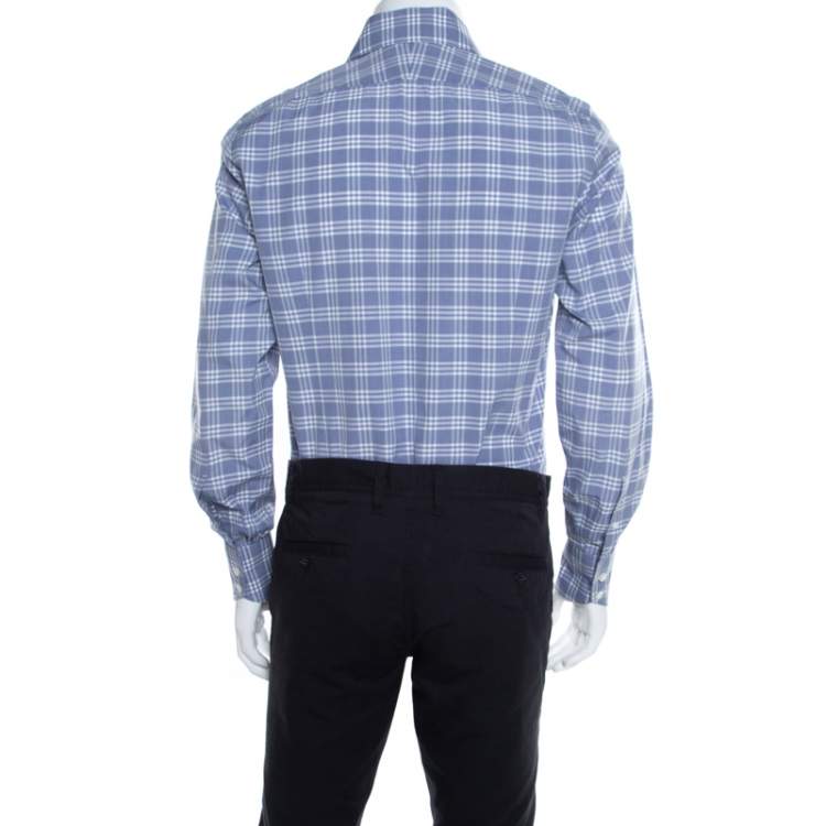 مملوكة مسبقًا Tom Ford Blue and White Plaid Checked Cotton Long Sleeve Shirt M