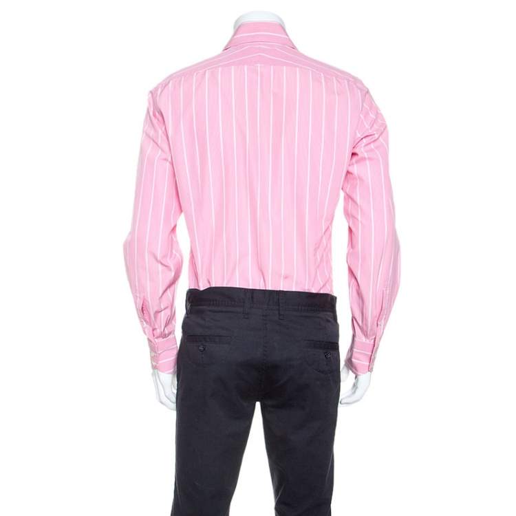 Pre Owned Tom Ford Pink & White Striped Cotton Button Front Shirt L