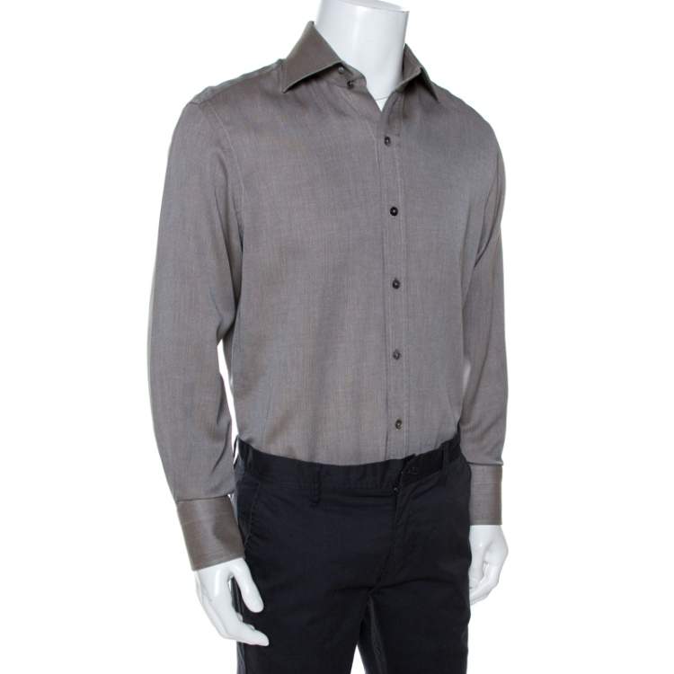 Pre Owned Tom Ford Brown Herringbone Cotton Long Sleeve Shirt XL