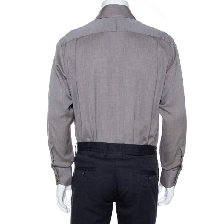 Pre Owned Tom Ford Brown Herringbone Cotton Long Sleeve Shirt XL