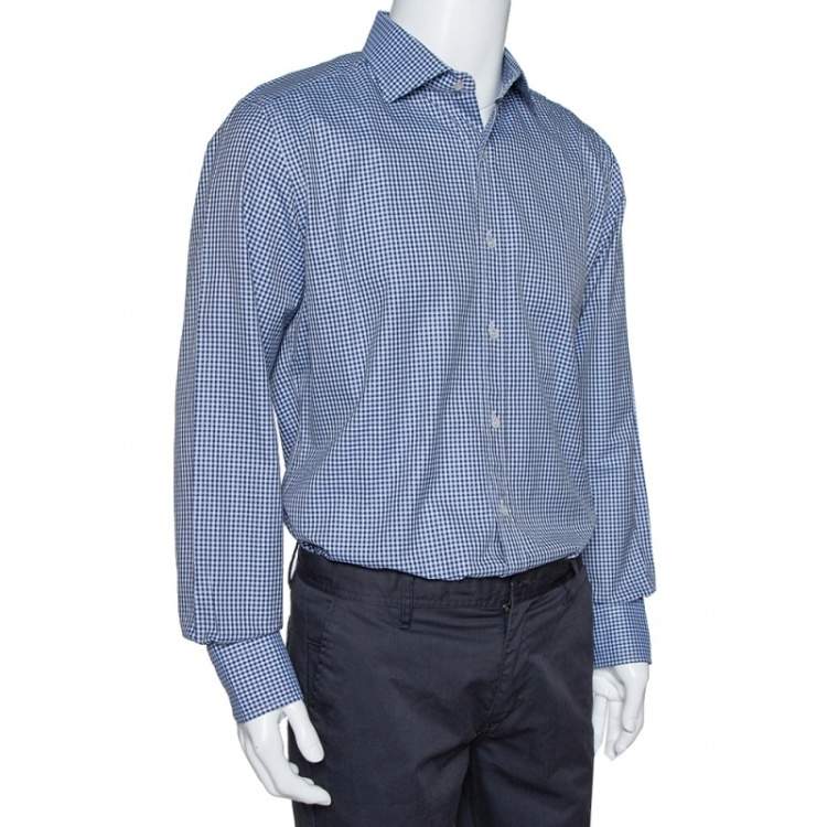 مملوكة مسبقًا Tom Ford Navy Blue Gingham Check Cotton Long Sleeve Shirt XXL