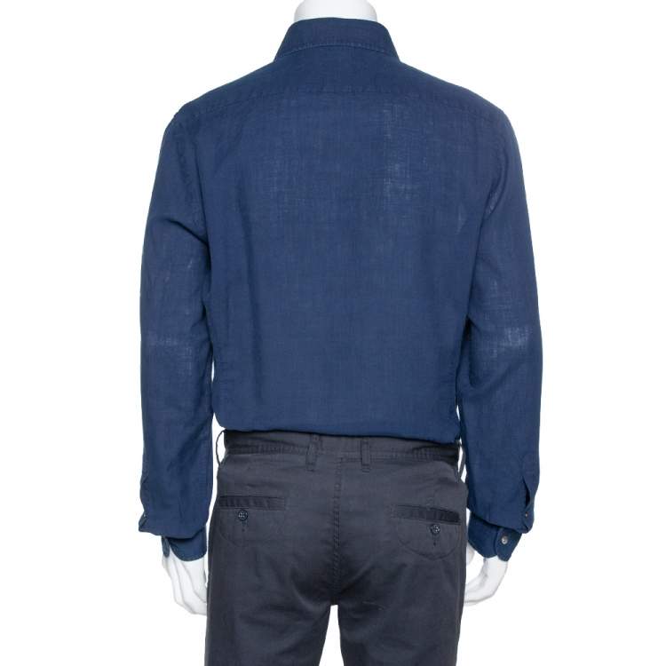 Pre Owned Tom Ford Navy Blue Linen & Cotton Long Sleeve Shirt XXL