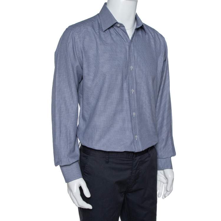Pre Owned Tom Ford Navy Blue Micro Patterned Cotton Long Sleeve Shirt XXL