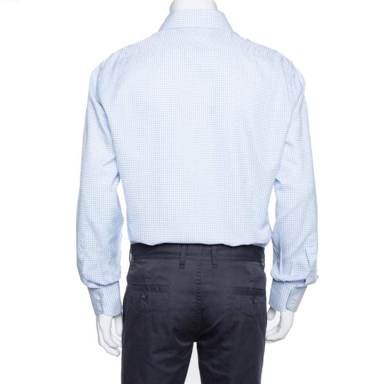 Pre Owned Tom Ford White & Blue Checkered Cotton Su Misura Long Sleeve Shirt XXL