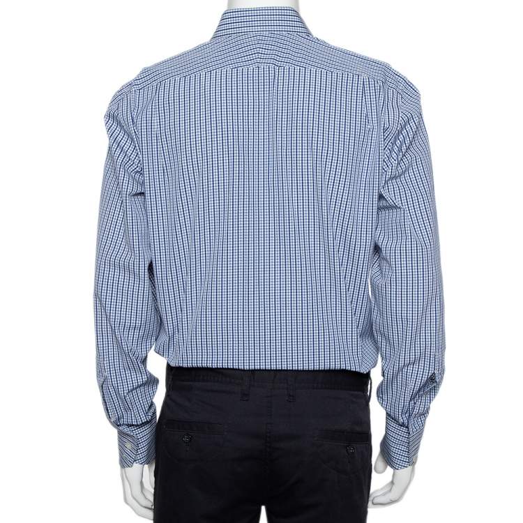 Pre Owned Tom Ford White & Navy Blue Patterned Cotton Button Front Shirt XL