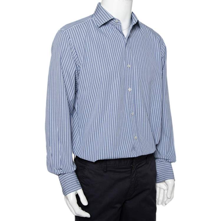 Pre Owned Tom Ford White & Navy Blue Patterned Cotton Button Front Shirt XL