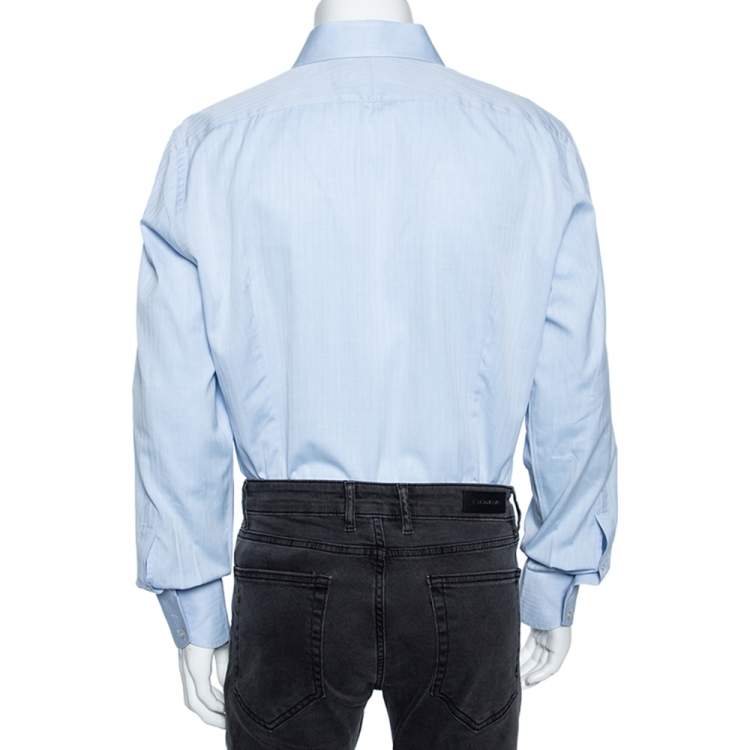 Pre Owned Tom Ford Light Blue Cotton Herringbone Patterned Shirt XXL 