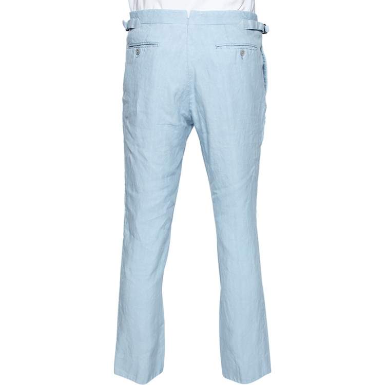Pre Owned Tom Ford Light Blue Linen Buckle Detailed Pants XL