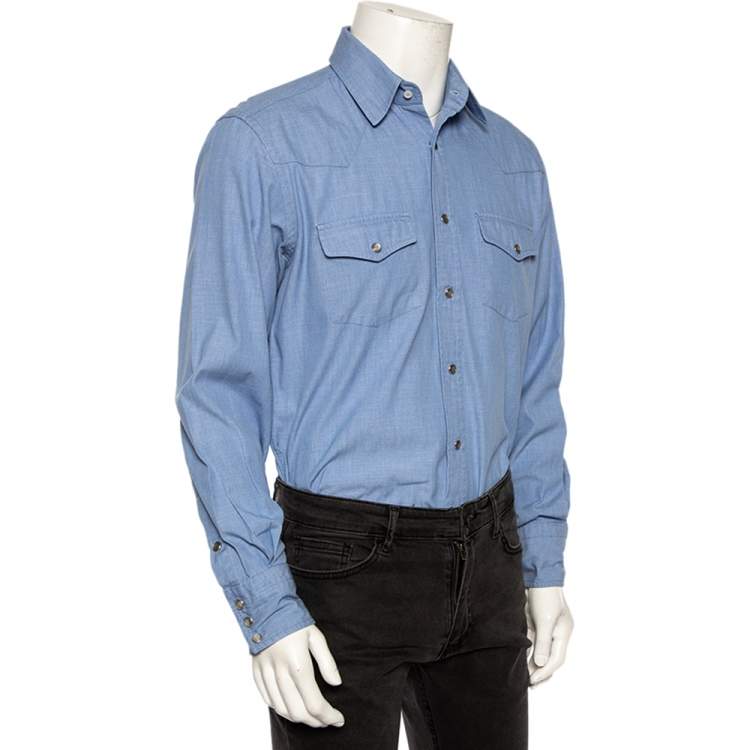 Pre Owned Tom Ford Light Blue Chambray Cotton Patch Pocket Detailed Button Front Shirt XL