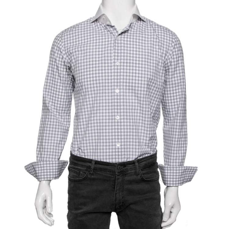 Tom Ford Grey Gingham Checked Cotton Contrast Collar Detail Shirt L Tom Ford  | TLC