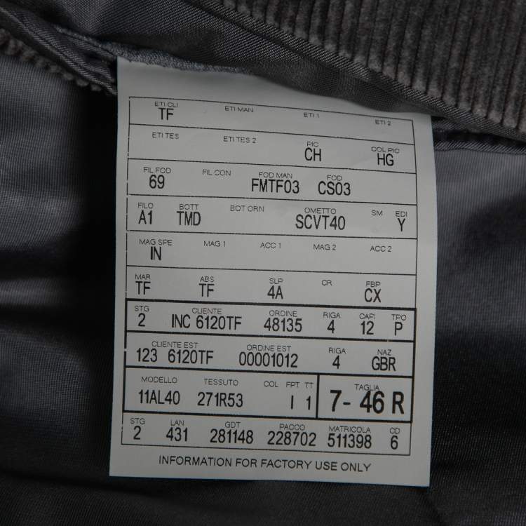 Pre Owned Tom Ford Grey Corduroy Single-Breasted Suit S  