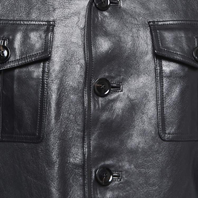 Pre Owned Tom Ford Black Leather Button Front Military Jacket XXL