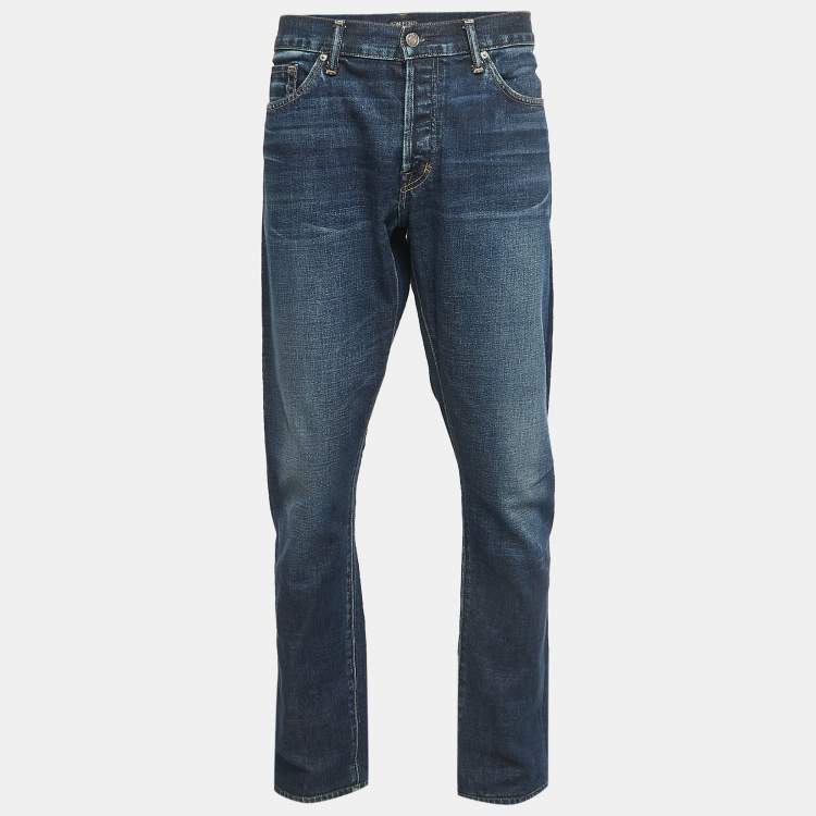 مملوكة مسبقًا Tom Ford Blue Washed Denim Straight Fit Jeans XXL Waist 38"
