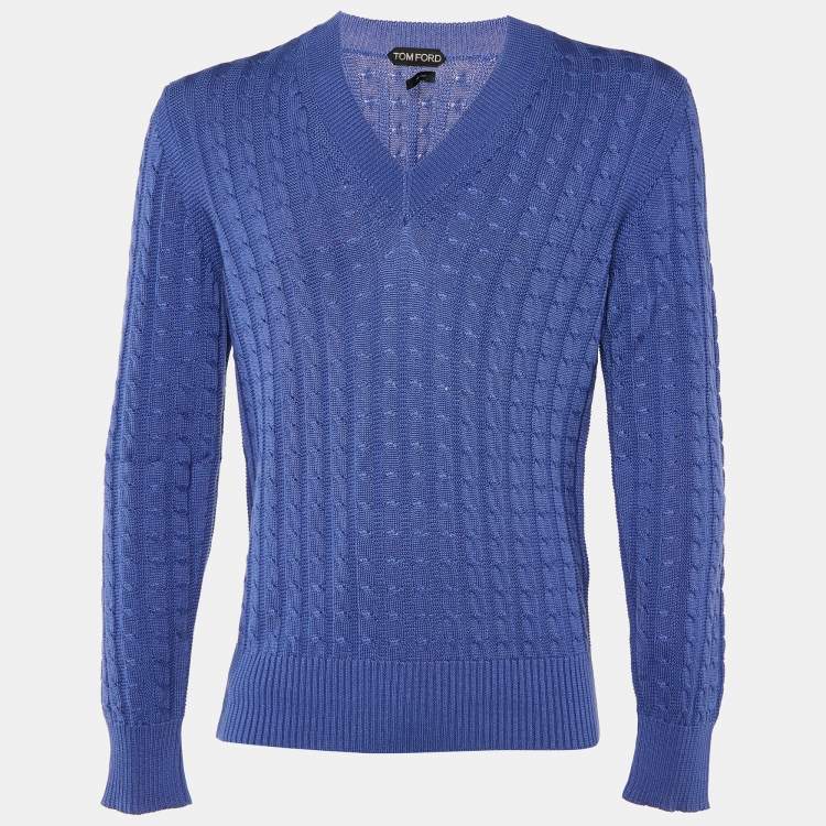 Pre Owned Tom Ford Blue Cotton Cable Knit V-Neck Sweater L