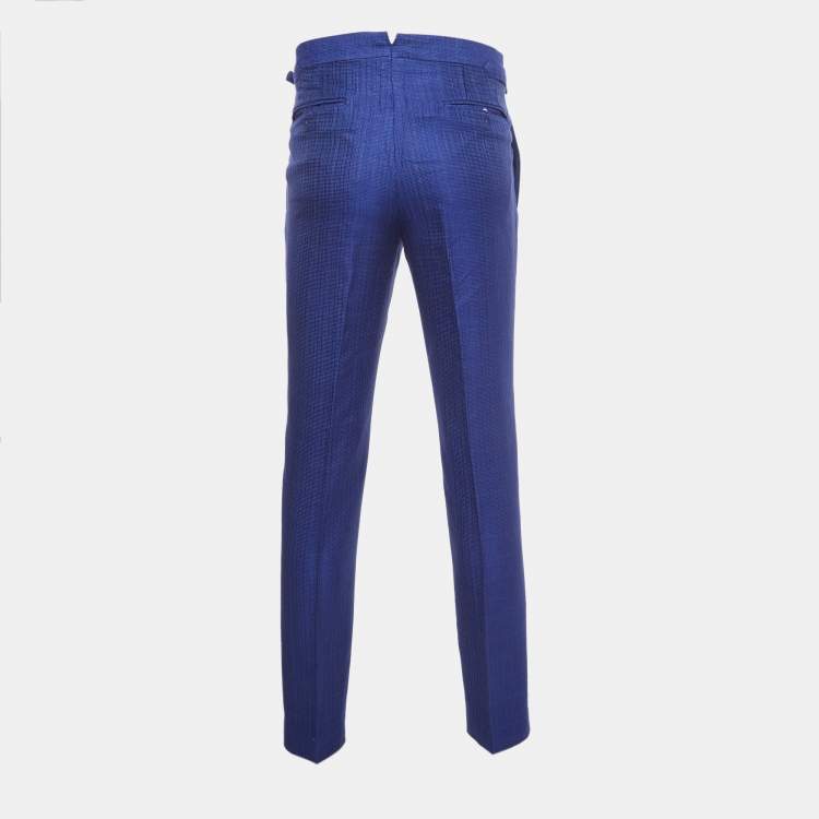 Pre Owned Tom Ford Blue Texture Silk & Cotton Tailored Pants M