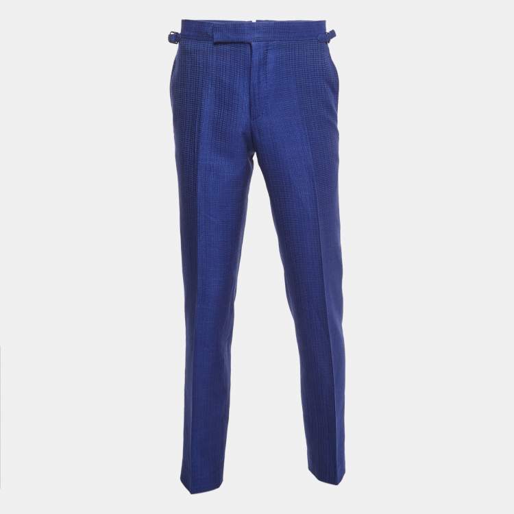 Pre Owned Tom Ford Blue Texture Silk & Cotton Tailored Pants M