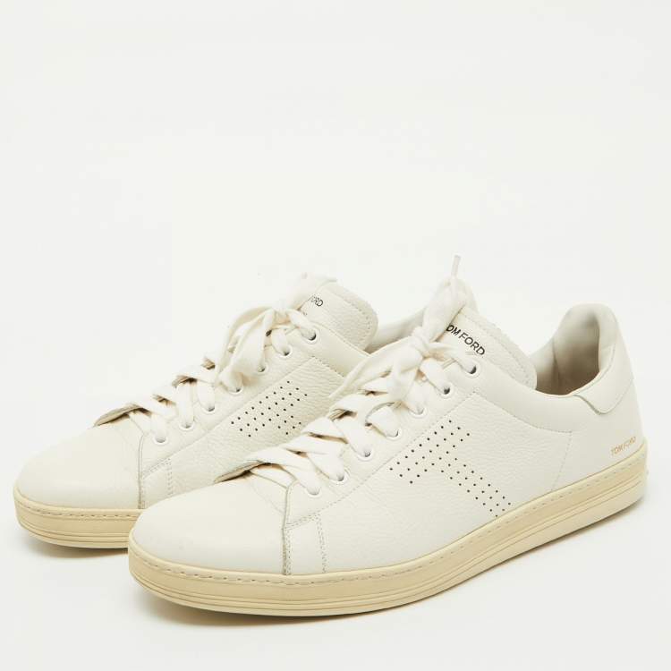 Pre Owned Tom Ford White Leather Perforated Logo Low Top Sneakers Size 44.5