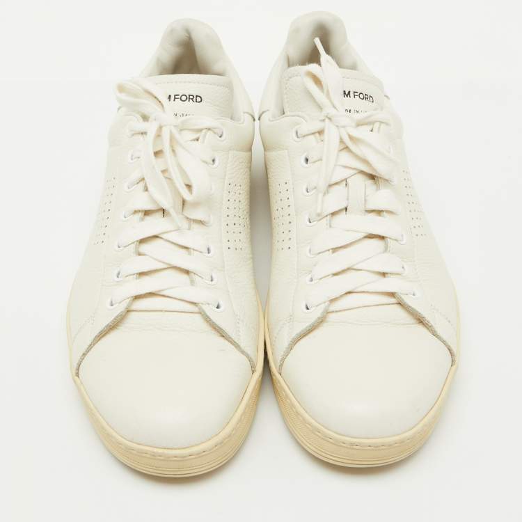 Pre Owned Tom Ford White Leather Perforated Logo Low Top Sneakers Size 44.5