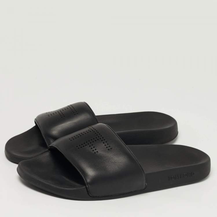Pre Owned Tom Ford Harrison Size 43 Black Leather Perforated Logo Slide Sandals