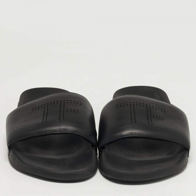 Pre Owned Tom Ford Harrison Size 43 Black Leather Perforated Logo Slide Sandals