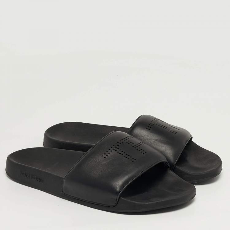 Pre Owned Tom Ford Harrison Size 43 Black Leather Perforated Logo Slide Sandals