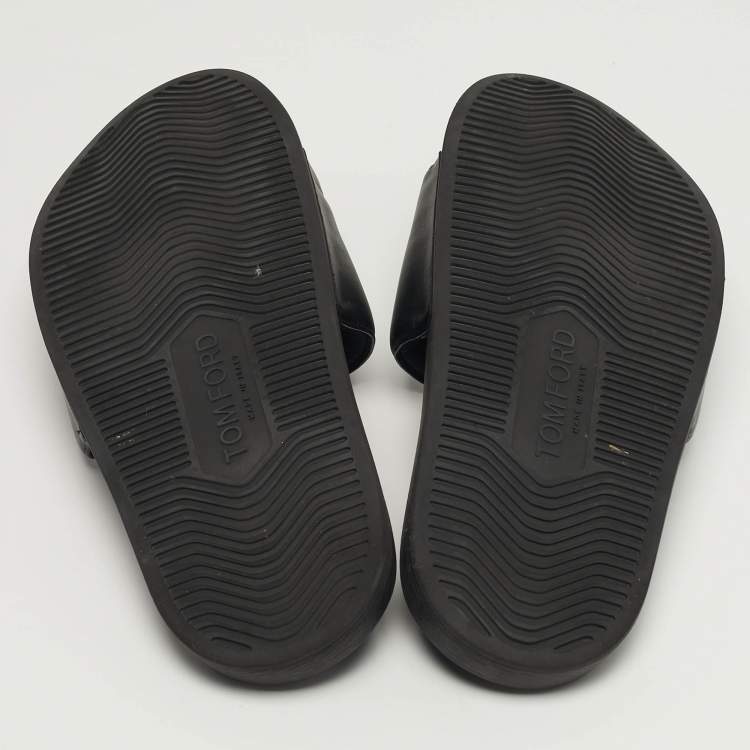 Pre Owned Tom Ford Harrison Size 43 Black Leather Perforated Logo Slide Sandals
