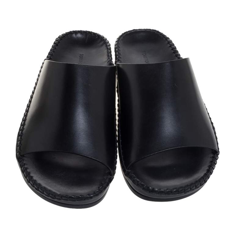 Pre Owned Tom Ford Black Leather Flat Slides Size 40