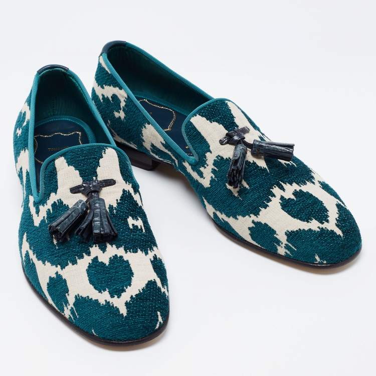 Pre Owned Tom Ford Green/White Fabric Tassel Detail Loafers Size 41