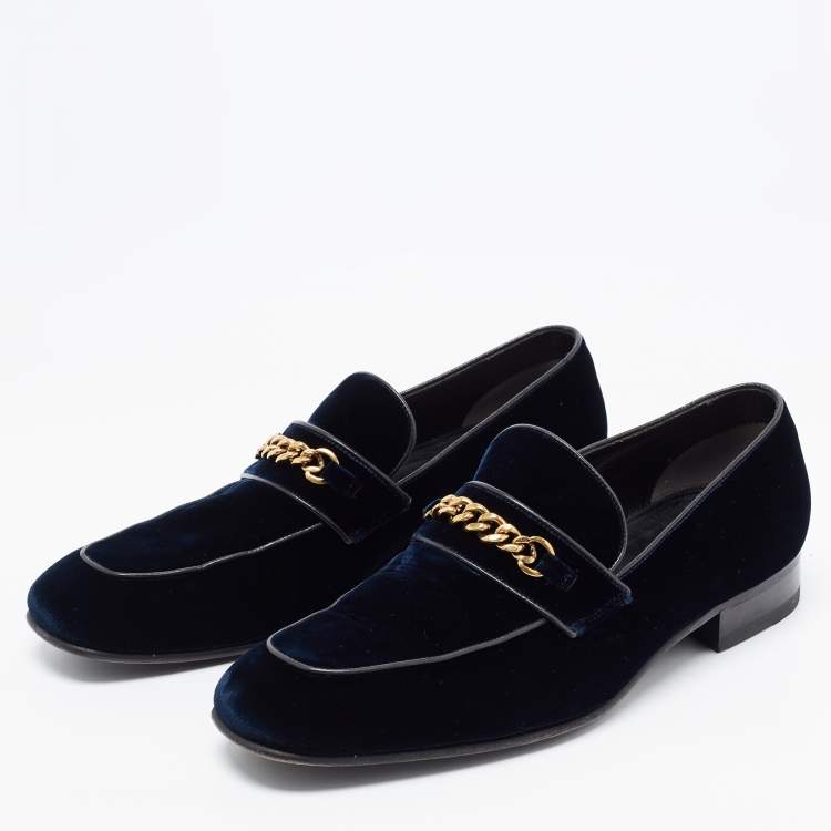 Pre Owned Tom Ford Navy Blue Velvet York Chain Loafers Size 42