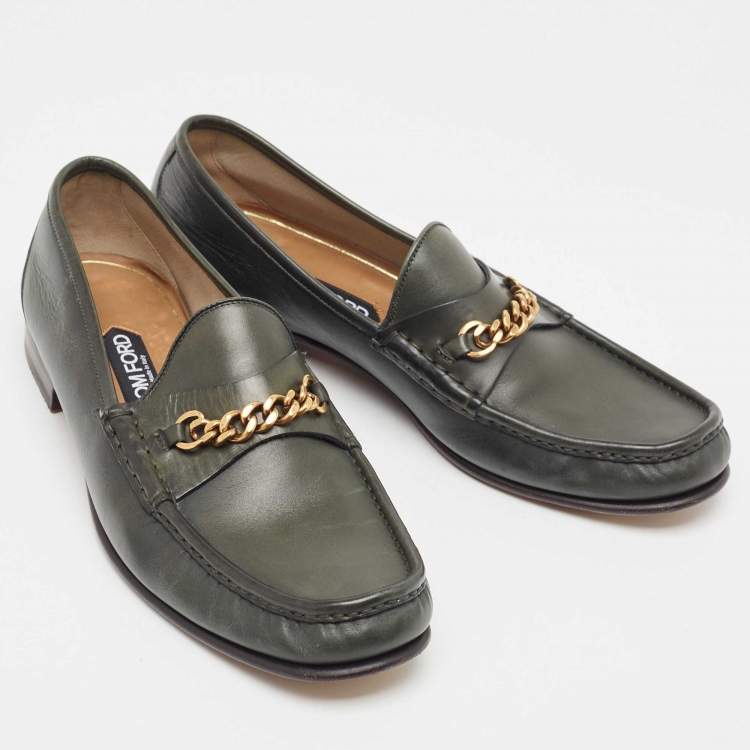 Pre Owned Tom Ford Dark Green Leather York Chain Loafers Size 43.5