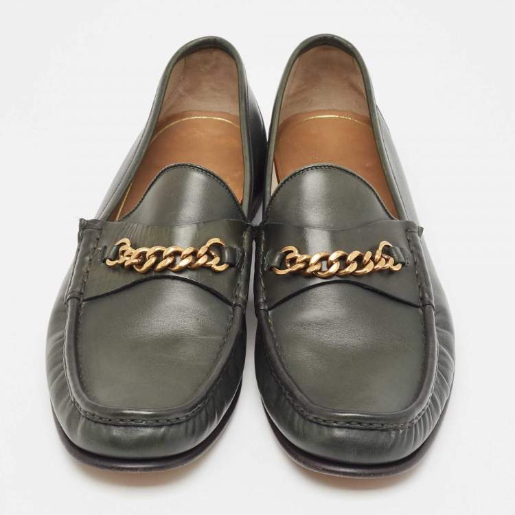 Pre Owned Tom Ford Dark Green Leather York Chain Loafers Size 43.5